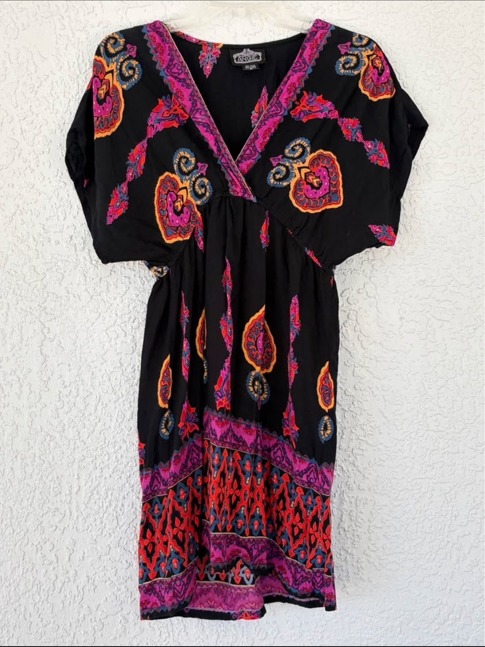 Angie Boho V-Neck Black Dress with Pink & Orange Paisley Print size S